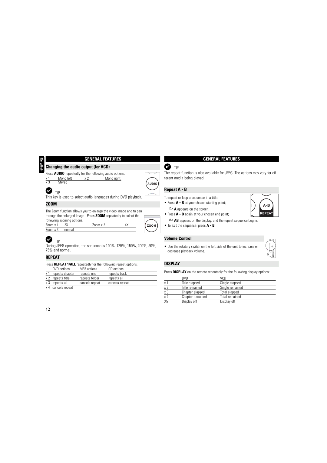 Philips PET723/05 user manual General Features, Changing the audio output for VCD, Repeat a B, Volume Control 