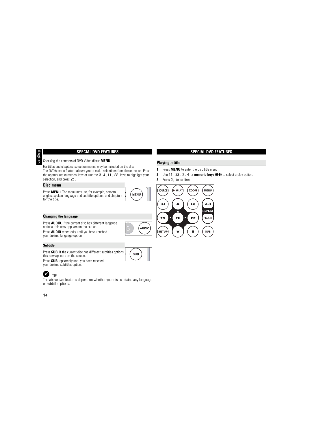 Philips PET723/12 user manual Disc menu, Special DVD Features, Playing a title, Changing the language, Subtitle 