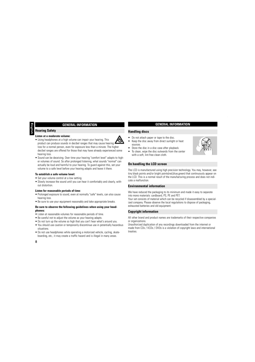 Philips PET723/12 user manual Hearing Safety, Handling discs, On handling the LCD screen, Environmental information 