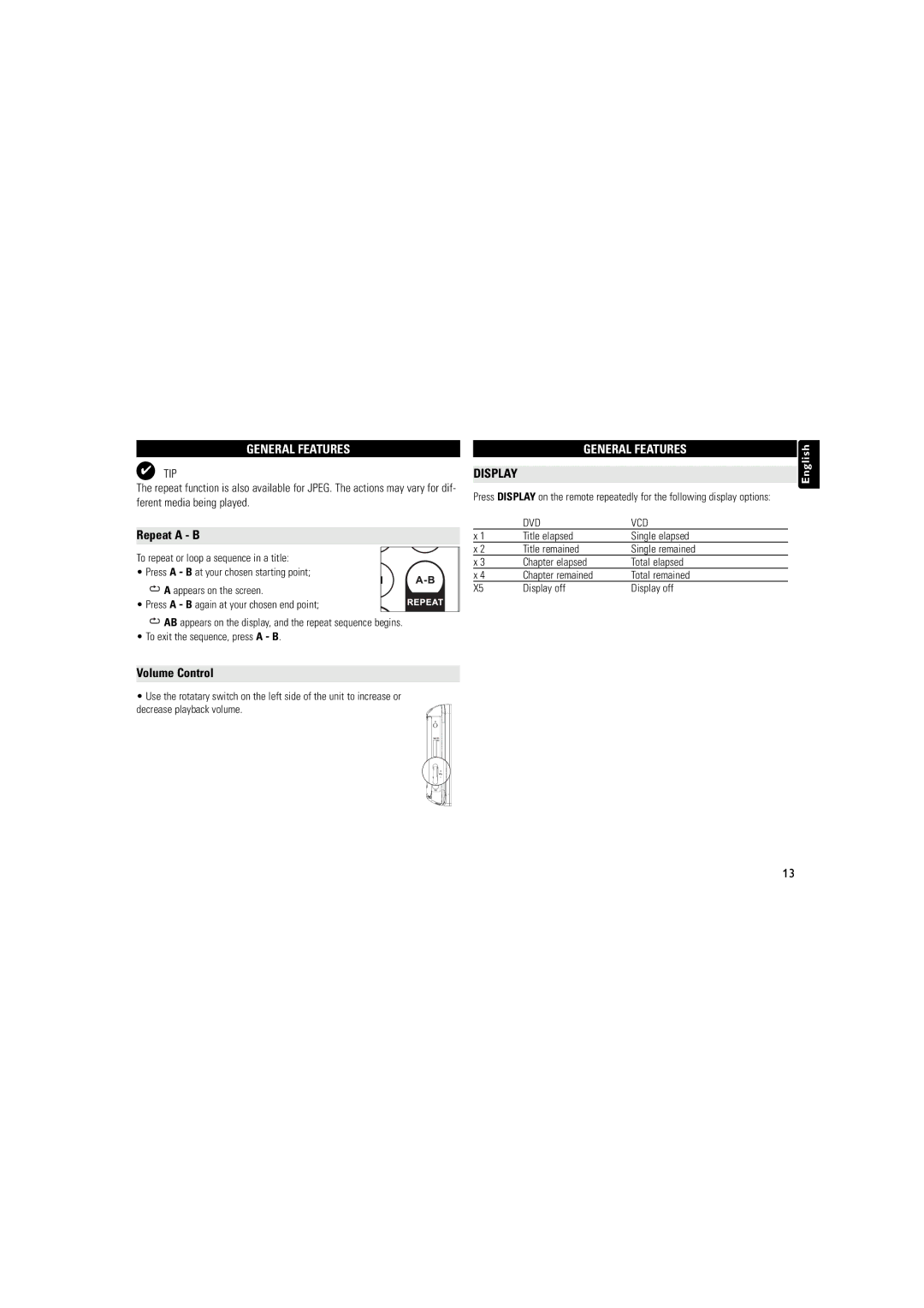 Philips PET723/93 user manual Repeat a B, Volume Control 