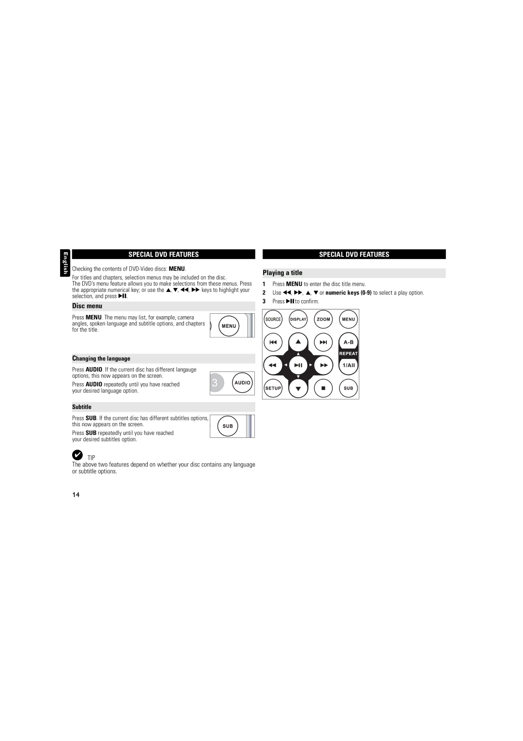 Philips PET723/93 user manual Disc menu, Special DVD Features, Playing a title, Changing the language, Subtitle 