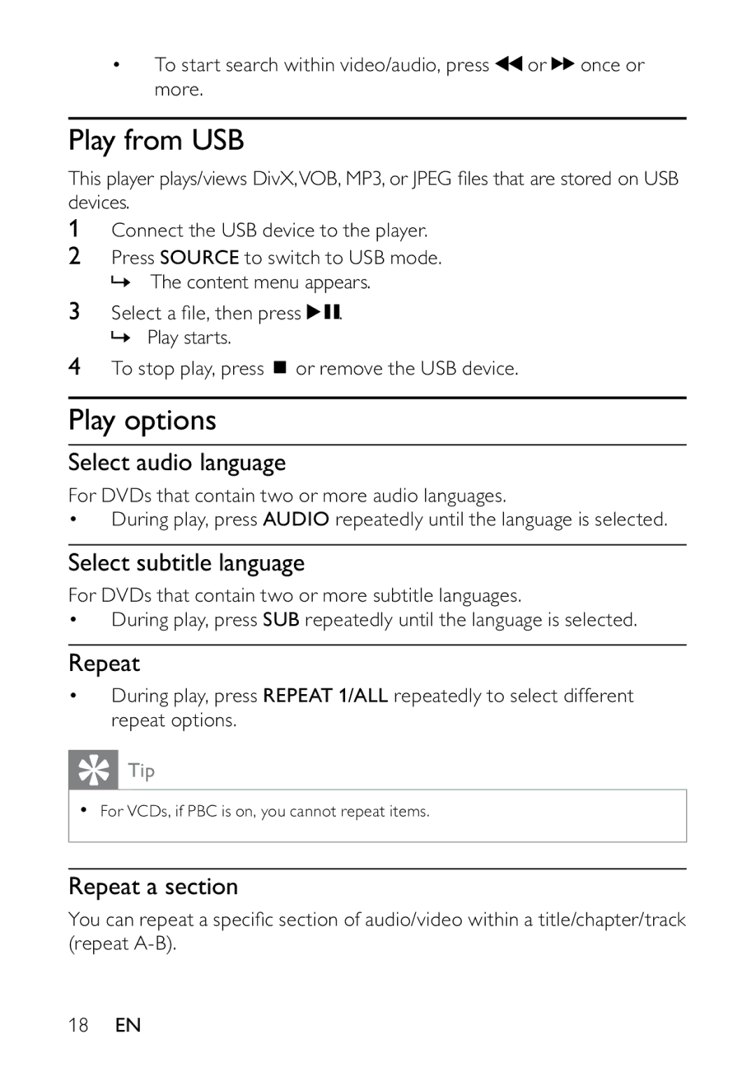 Philips PET736C/55 user manual Play from USB, Play options 