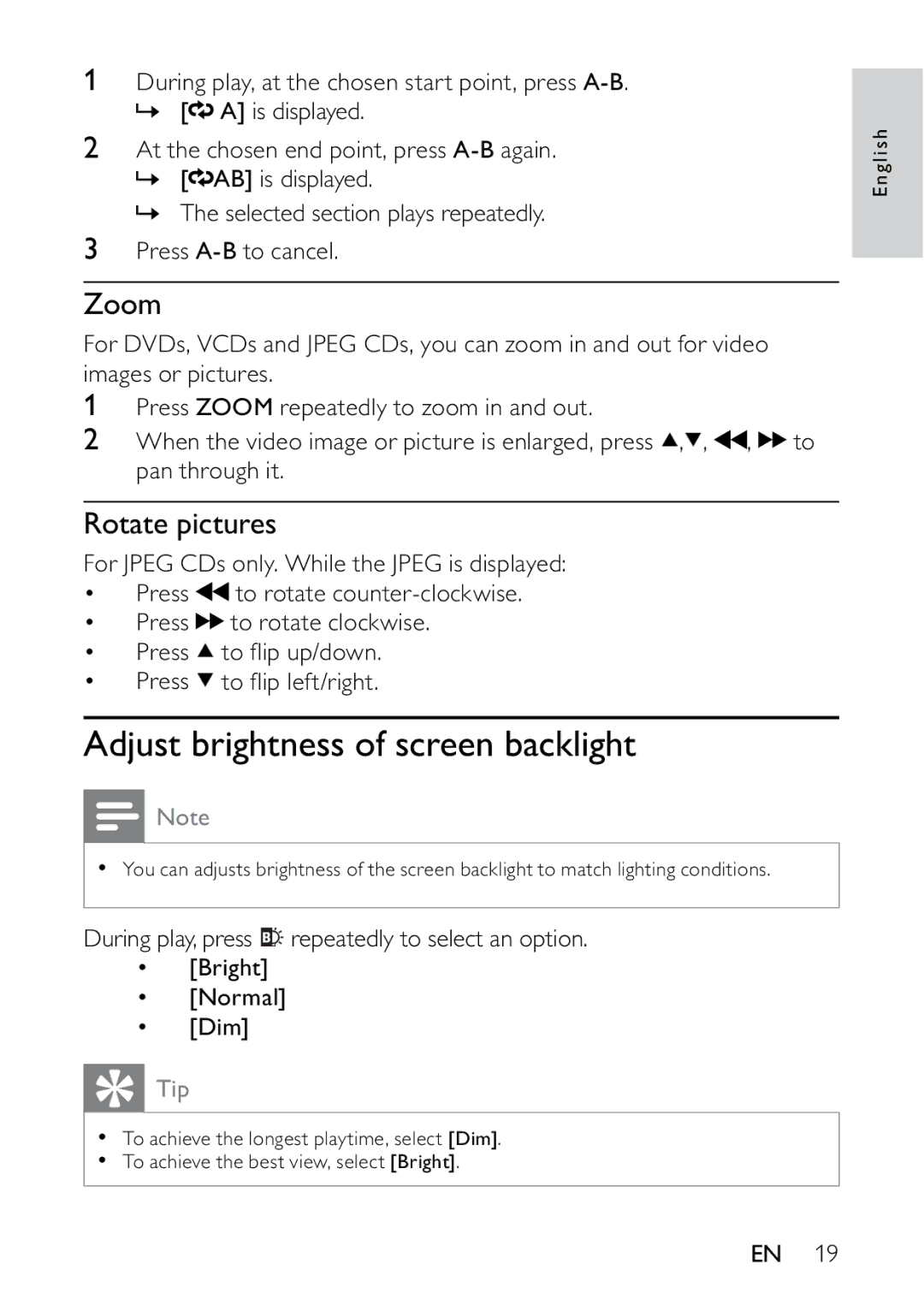 Philips PET736C/55 user manual Adjust brightness of screen backlight, Zoom, Rotate pictures 