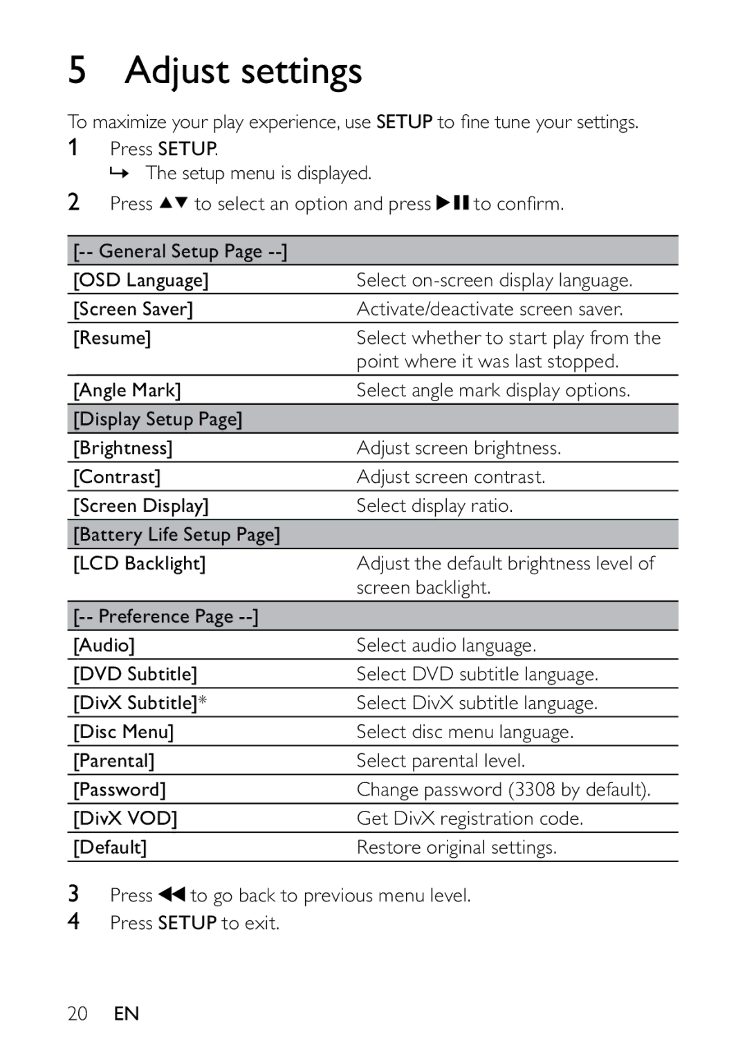 Philips PET736C/55 user manual Adjust settings 