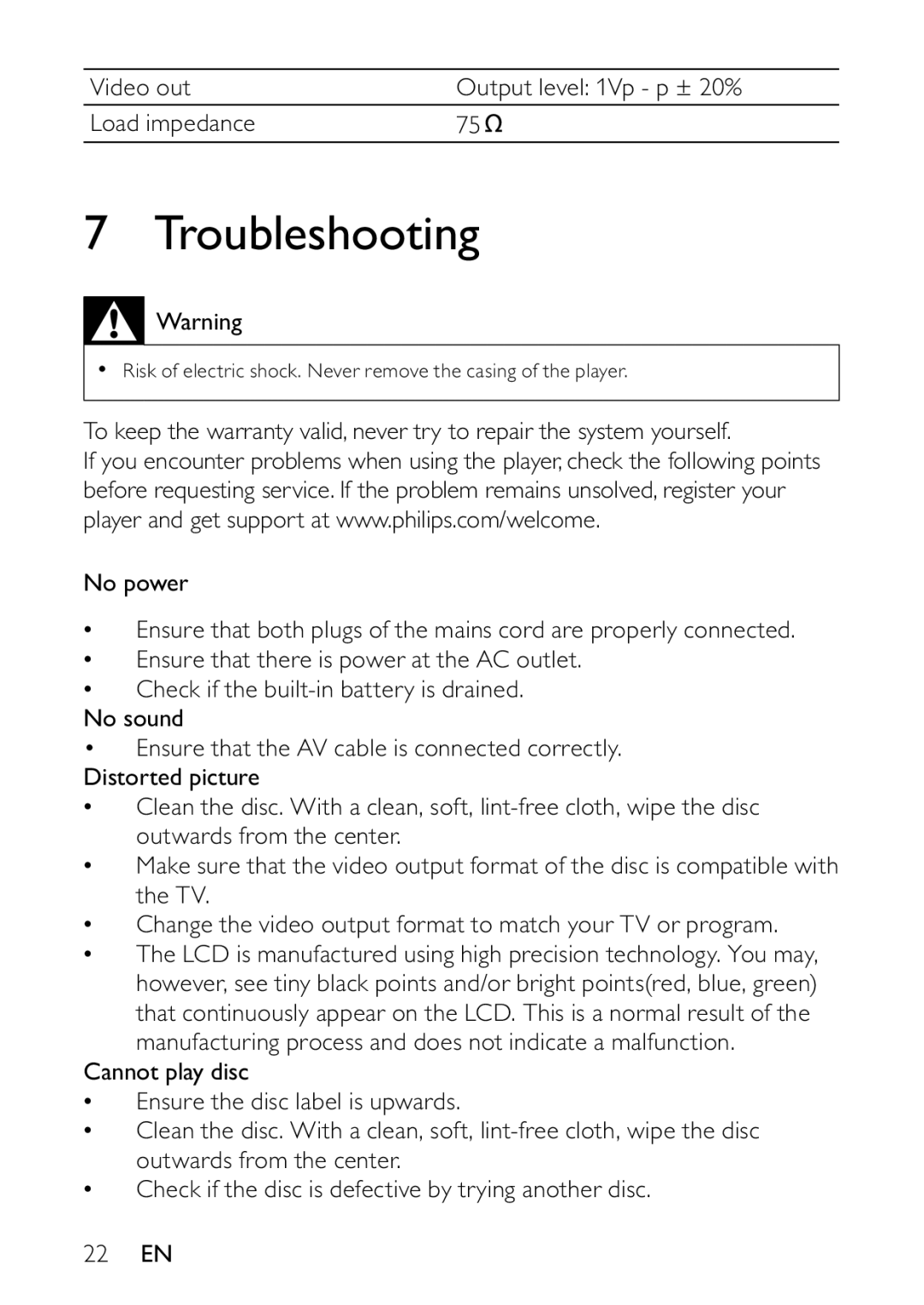 Philips PET736C/55 user manual Troubleshooting 