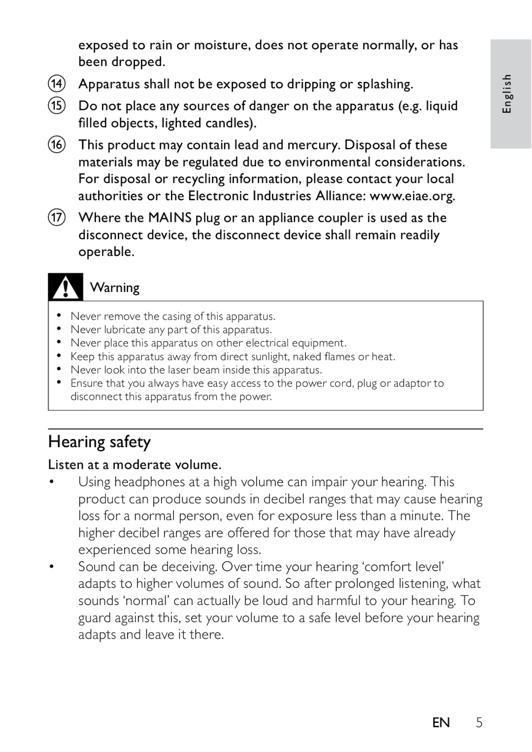 Philips PET736C/55 user manual Hearing safety 