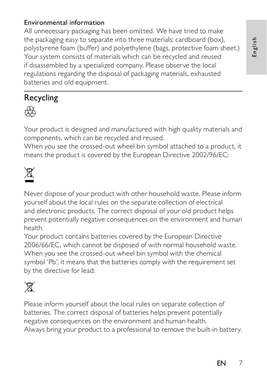 Philips PET736C/55 user manual Recycling, Environmental information 