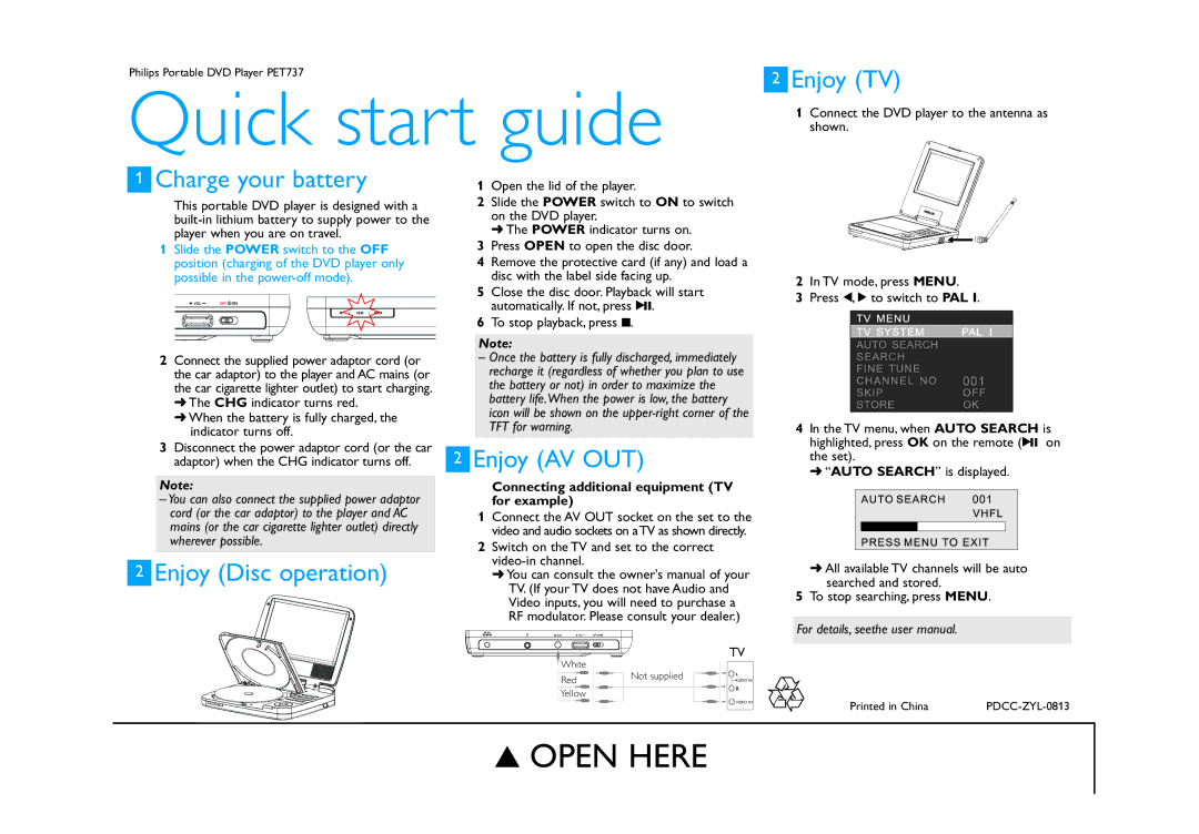 Philips PET737/93 quick start Quick start guide, Enjoy TV, Charge your battery, Enjoy Disc operation, Enjoy AV OUT 