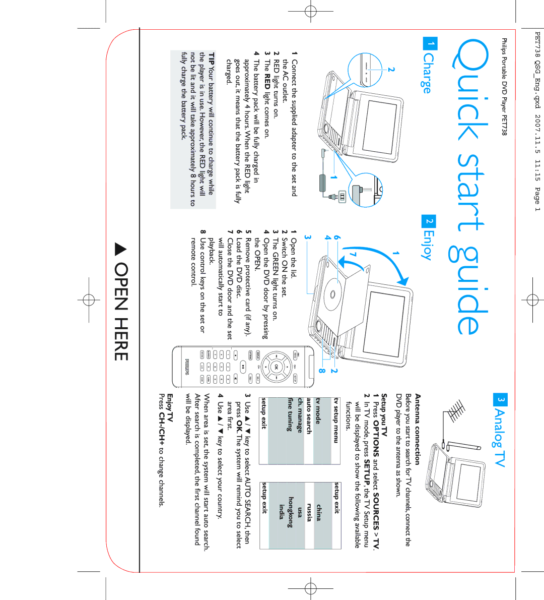 Philips PET738/58 quick start Quick start guide, Charge, Analog TV, Antenna connection 