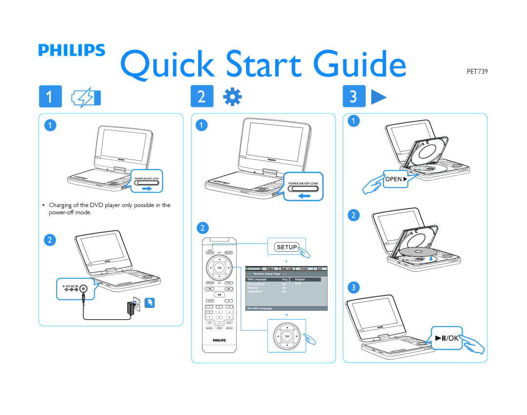 Philips PET739/93 quick start Quick Start Guide, Charging of the DVD player only possible Power-off mode 