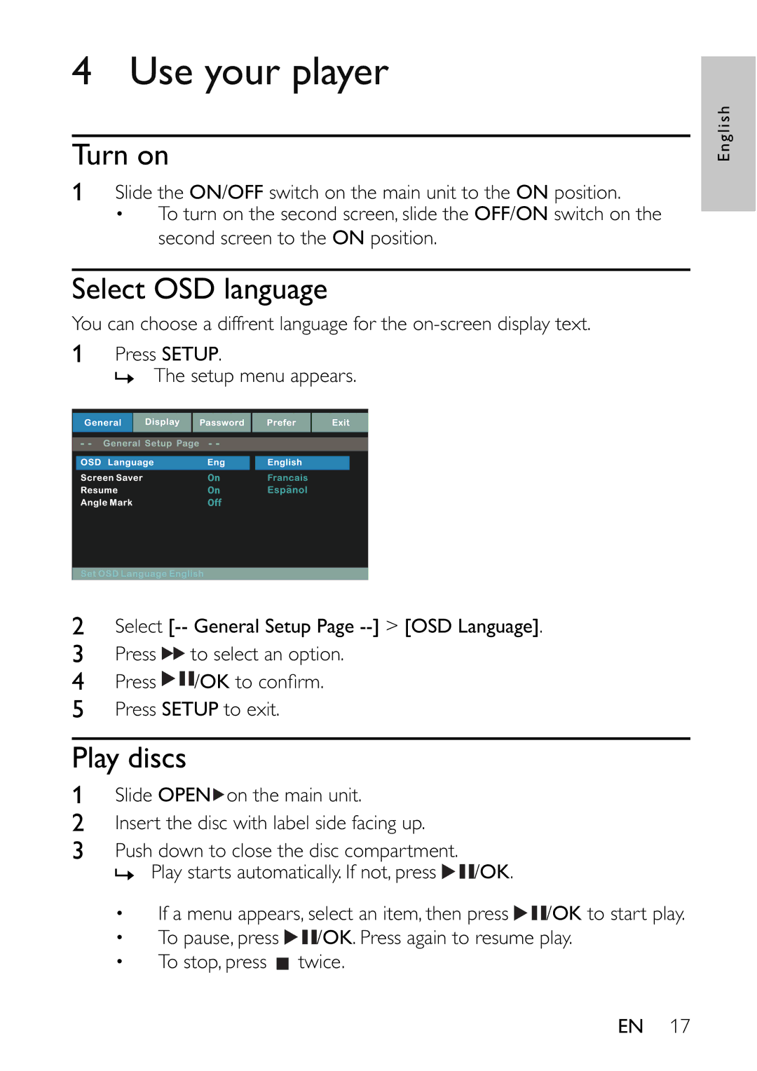 Philips PET7402 user manual Use your player, Turn on, Select OSD language, Play discs 