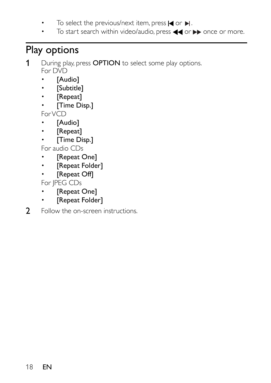 Philips PET7402 user manual Play options 