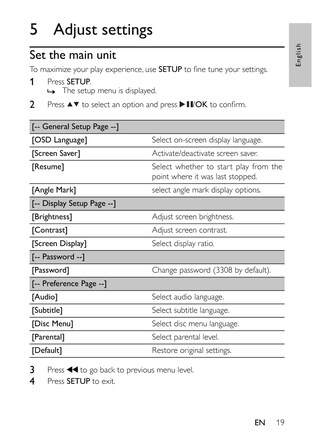 Philips PET7402 user manual Adjust settings, Set the main unit 