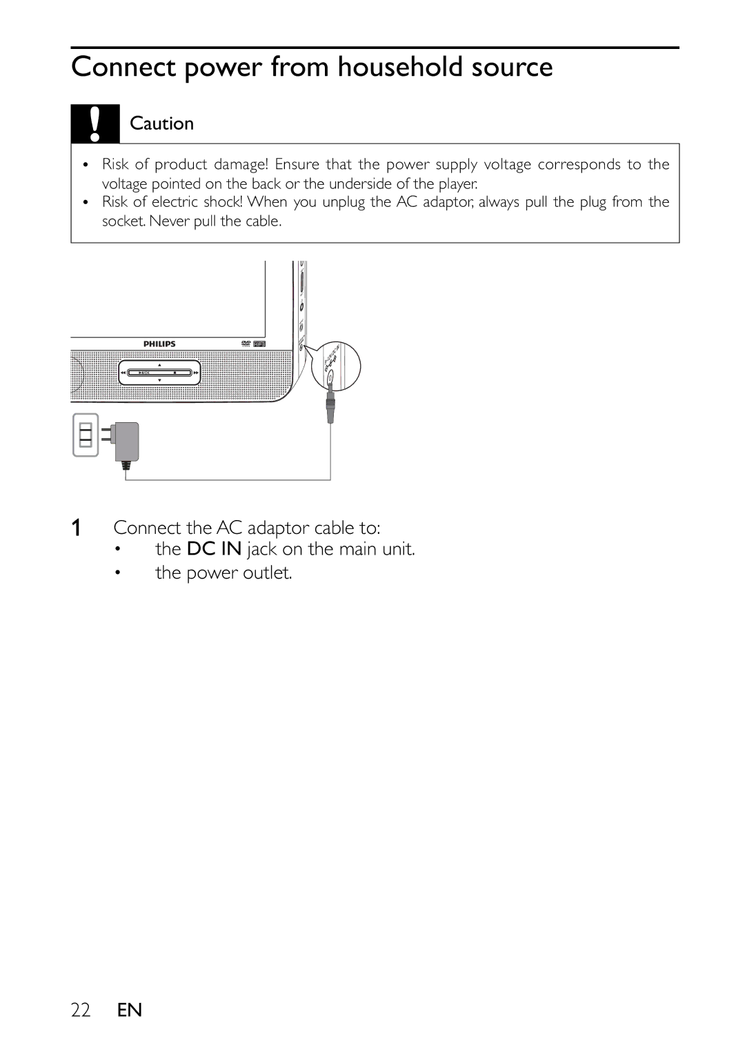 Philips PET7402 user manual Connect power from household source 