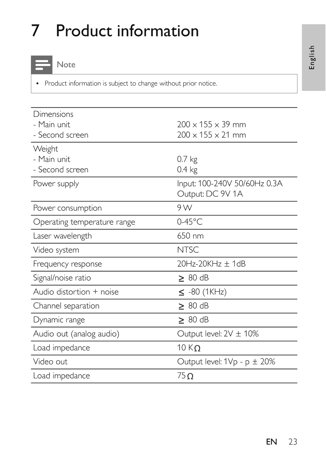 Philips PET7402 user manual Product information, Ntsc 