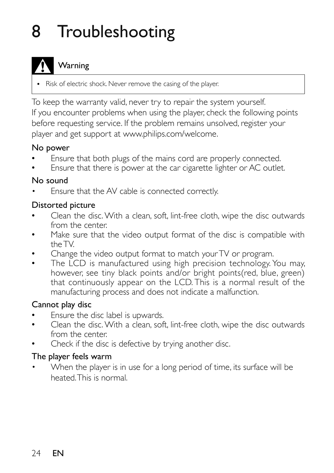 Philips PET7402 user manual Troubleshooting 