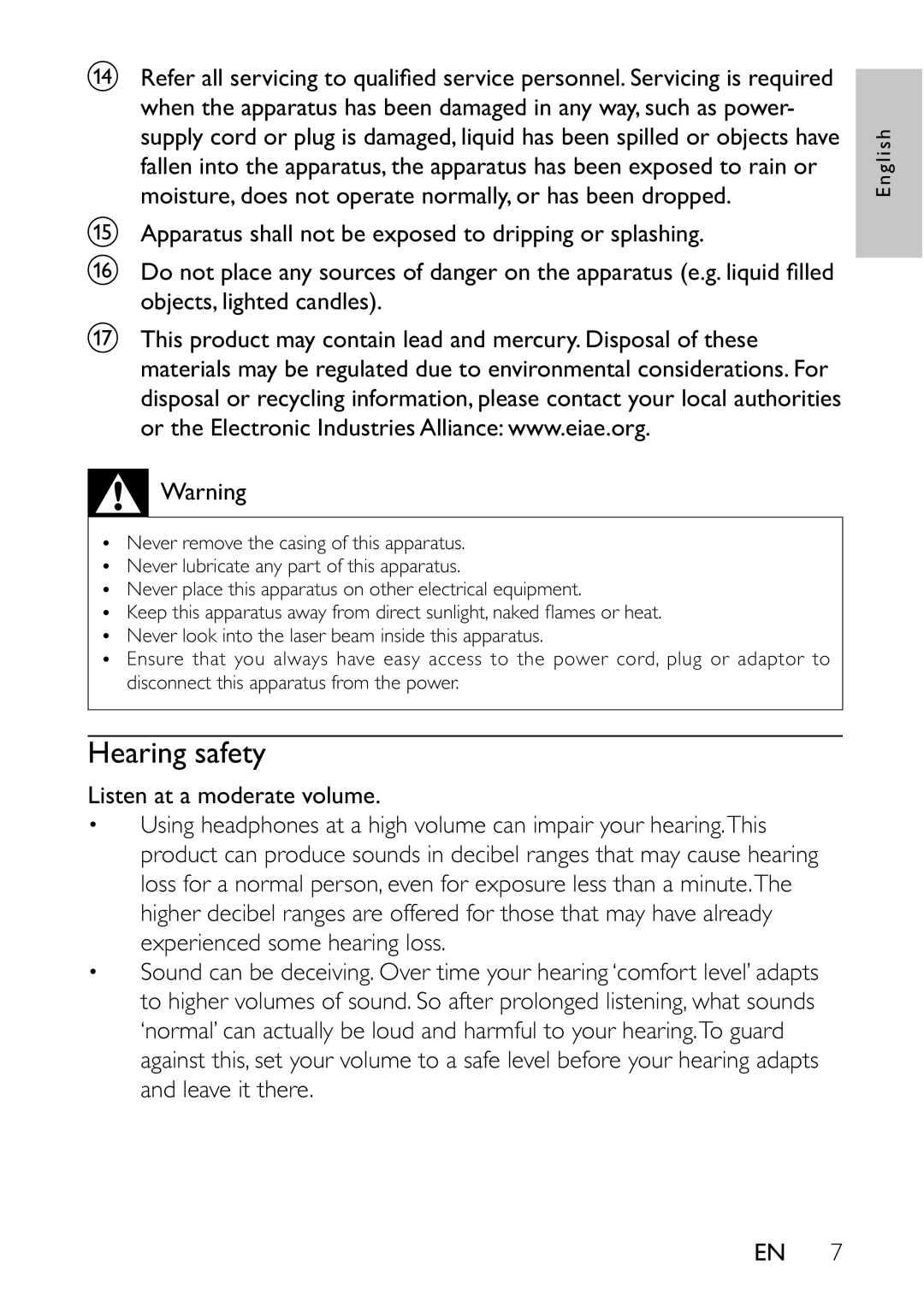 Philips PET7402 user manual Hearing safety 