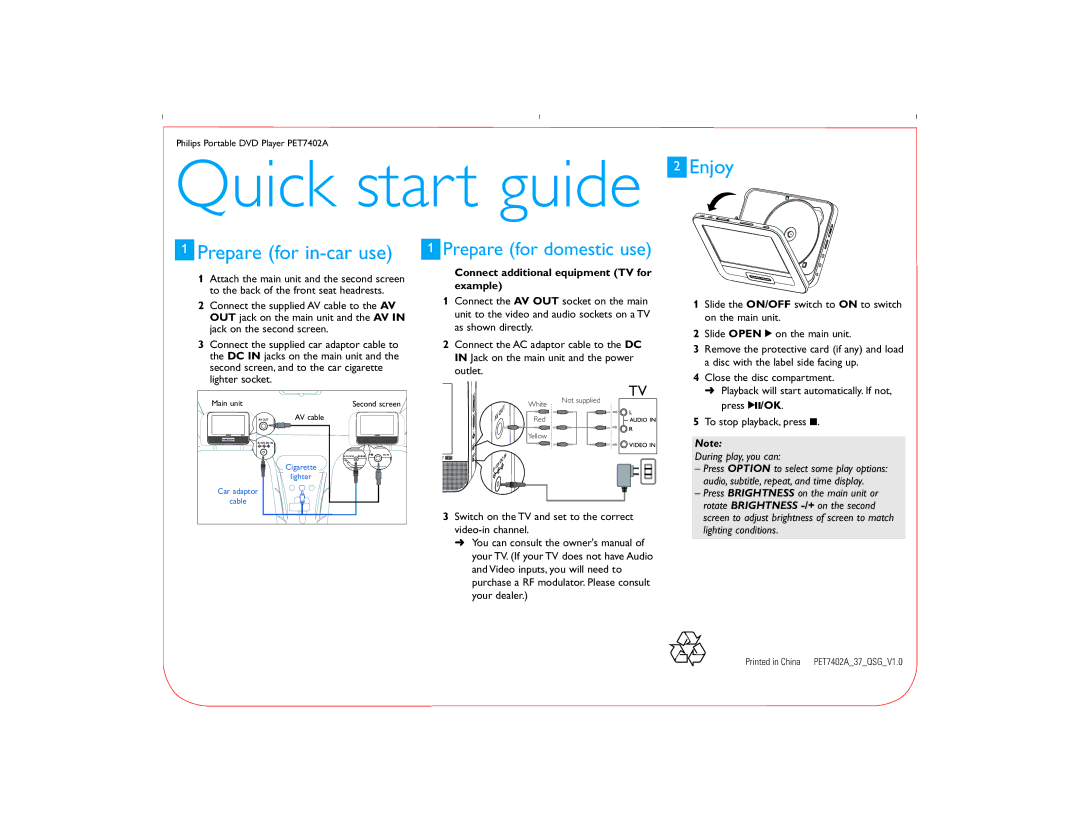 Philips PET7402A/37 quick start Quick start guide 2 Enjoy, Prepare for in-car use, Prepare for domestic use 