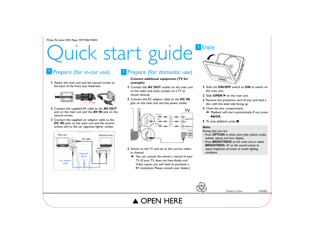 Philips PET7402D/12 quick start Quick start guide 2 Enjoy, Prepare for in-car use, Prepare for domestic use 