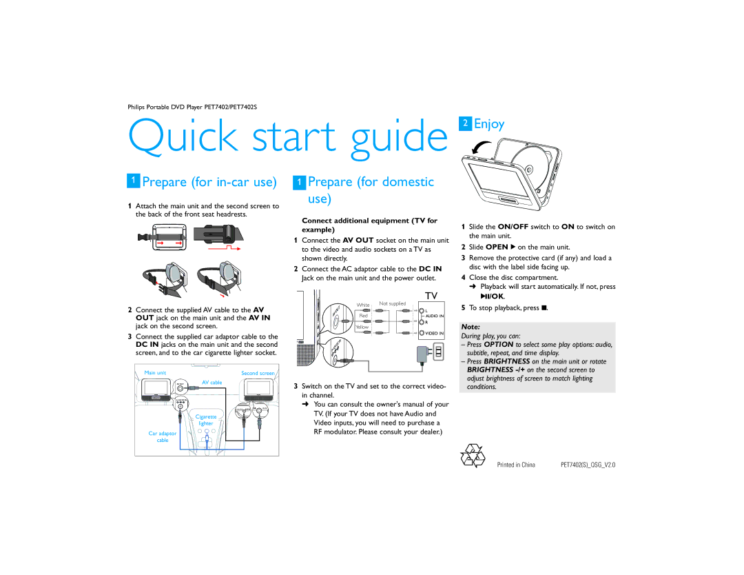 Philips PET7402S/37 quick start Quick start guide 2 Enjoy, Prepare for in-car use, Prepare for domestic use 