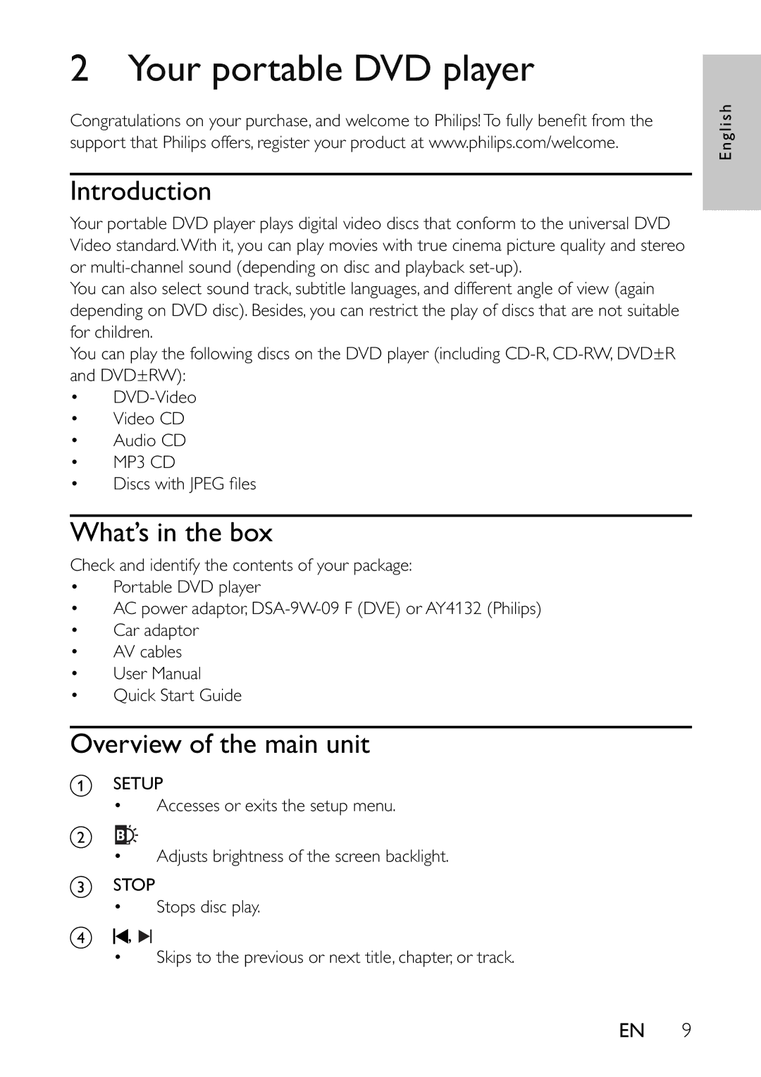 Philips PET741B, PET741C, PET741R Your portable DVD player, Introduction, What’s in the box, Overview of the main unit 