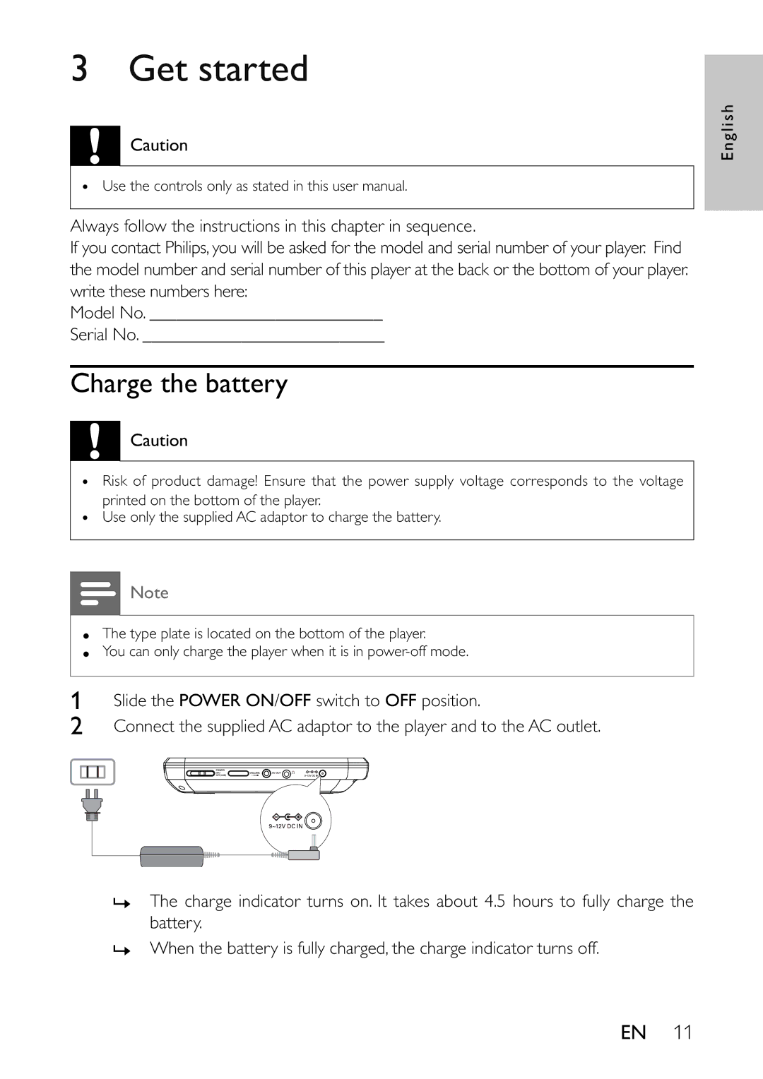 Philips PET741R, PET741B, PET741C, PET741N, PET741W user manual Get started, Charge the battery 