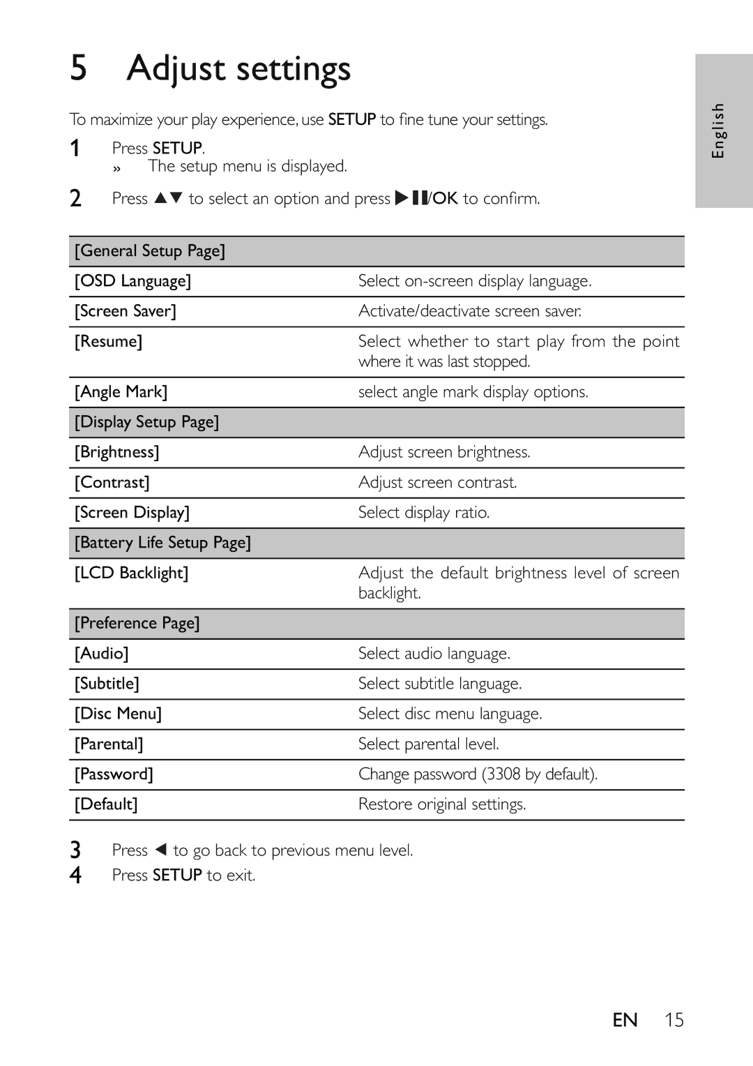 Philips PET741C, PET741B, PET741R, PET741N, PET741W user manual Adjust settings 