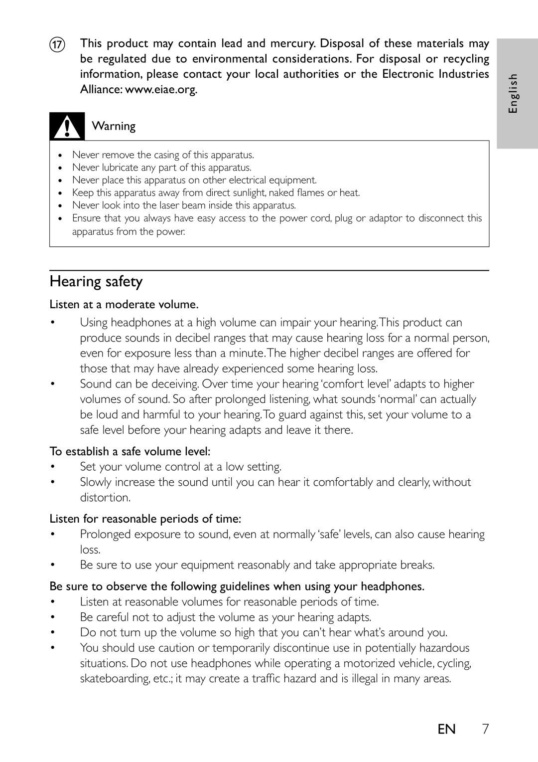 Philips PET741N, PET741B, PET741C, PET741R, PET741W user manual Hearing safety 