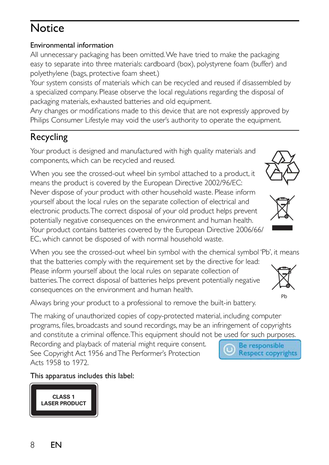 Philips PET741W, PET741B, PET741C, PET741R, PET741N user manual Recycling 