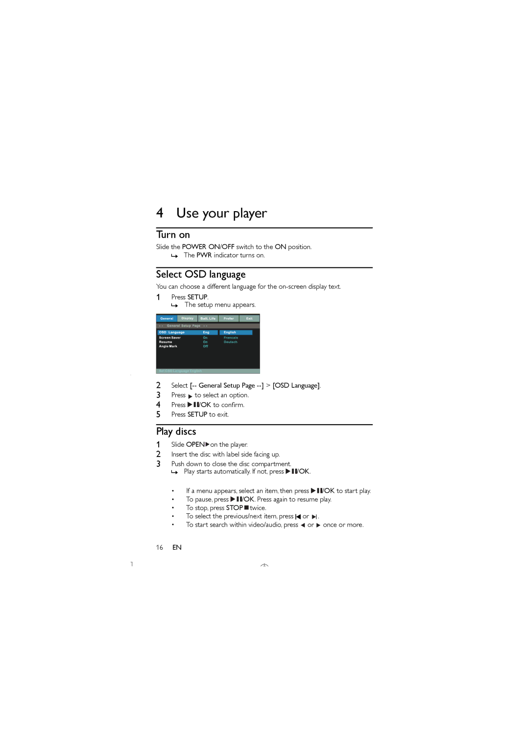 Philips PET741D/05 user manual Use your player, Turn on, Select OSD language, Play discs 