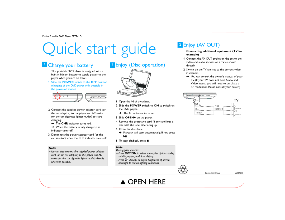 Philips PET741D/12 quick start Quick start guide, Charge your battery, Enjoy AV OUT, Directly 