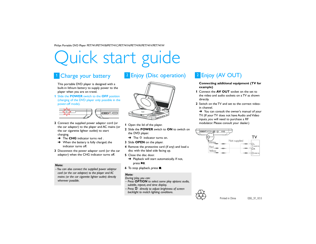 Philips PET741V/37 quick start Quick start guide, Charge your battery, Enjoy AV OUT, During play, you can 