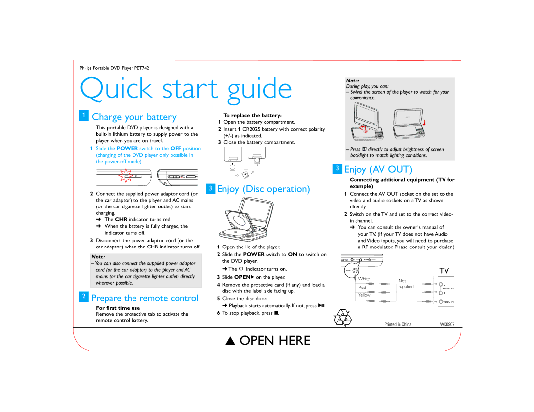 Philips PET742 quick start Quick start guide, Charge your battery, Enjoy Disc operation, Enjoy AV OUT 