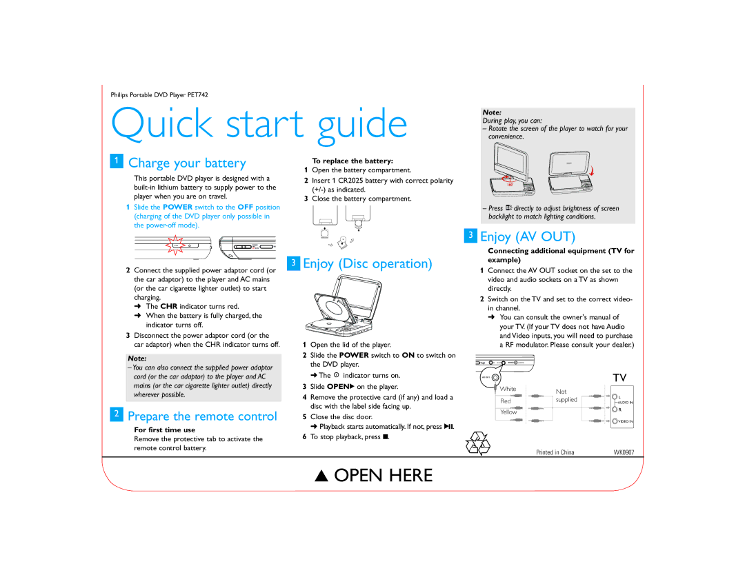 Philips PET742/05 quick start Quick start guide, Charge your battery, Enjoy Disc operation, Enjoy AV OUT 