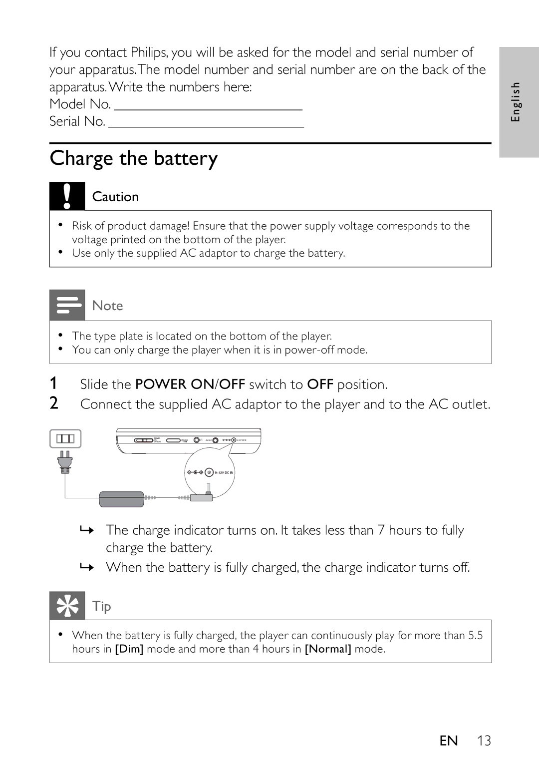 Philips PET742/12 user manual Charge the battery, Tip 