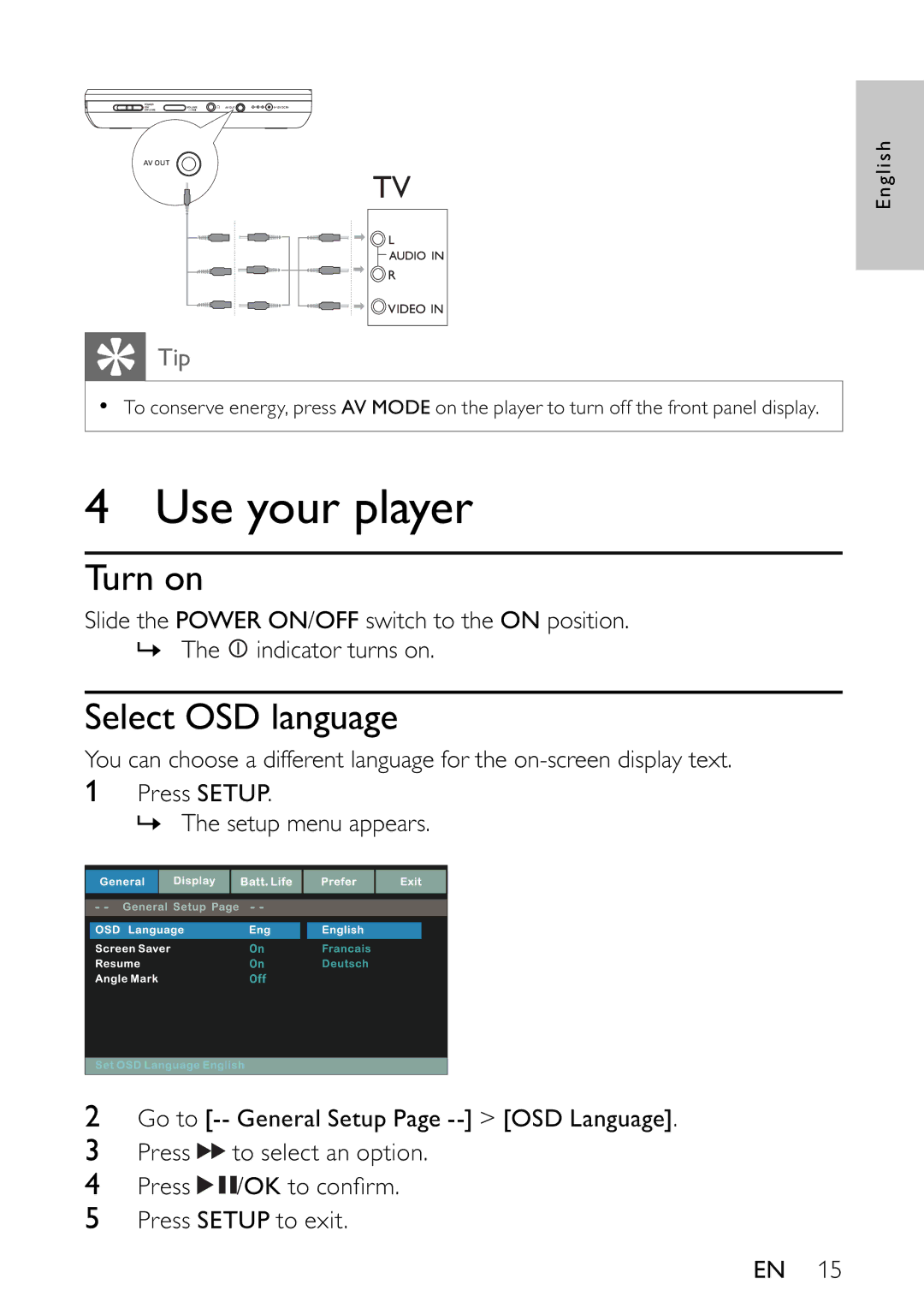 Philips PET742/12 user manual Use your player, Turn on, Select OSD language 