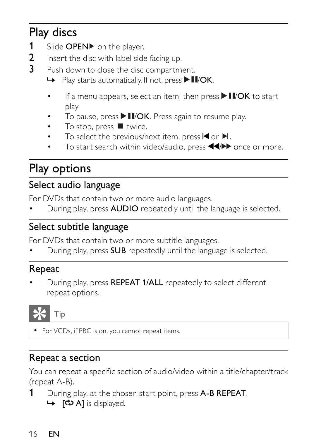 Philips PET742/12 user manual Play discs, Play options 