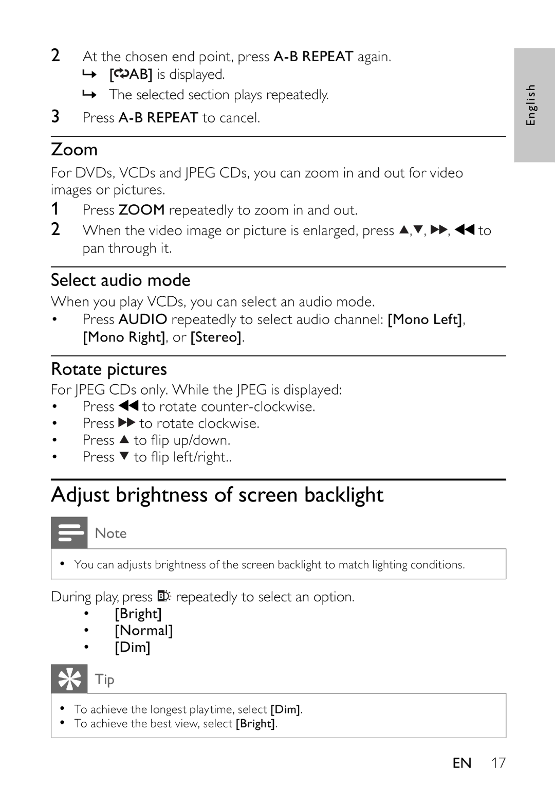 Philips PET742/12 user manual Adjust brightness of screen backlight, Zoom, Select audio mode, Rotate pictures 