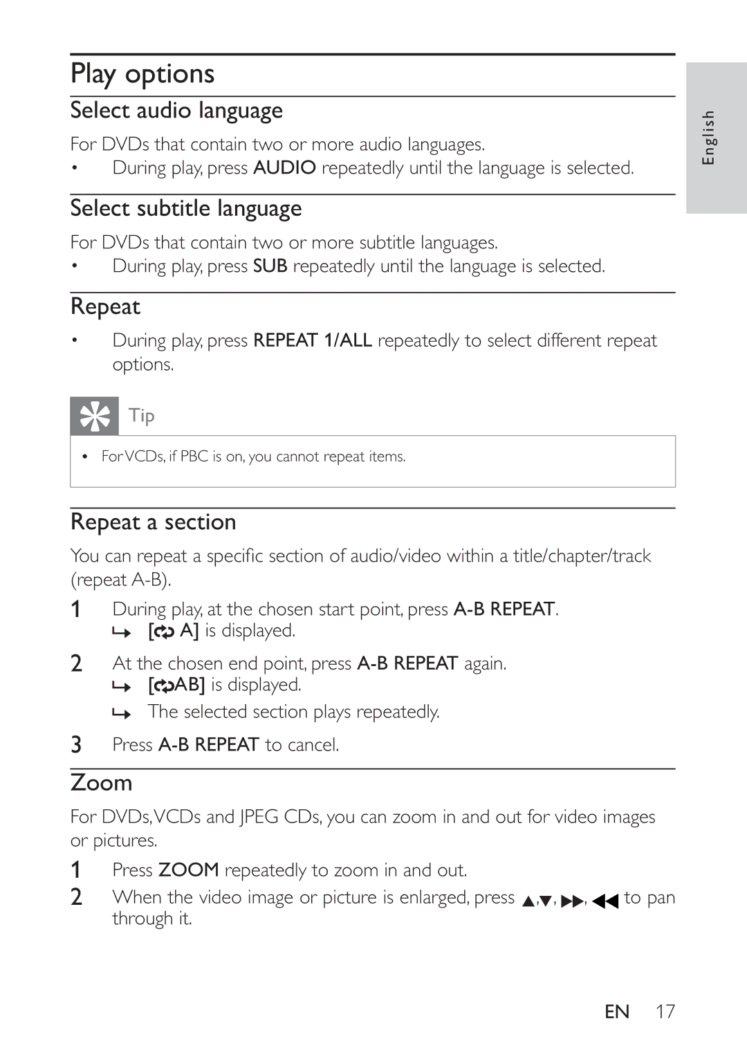 Philips PET742/58 user manual Play options, Select audio language, Repeat a section, Zoom 