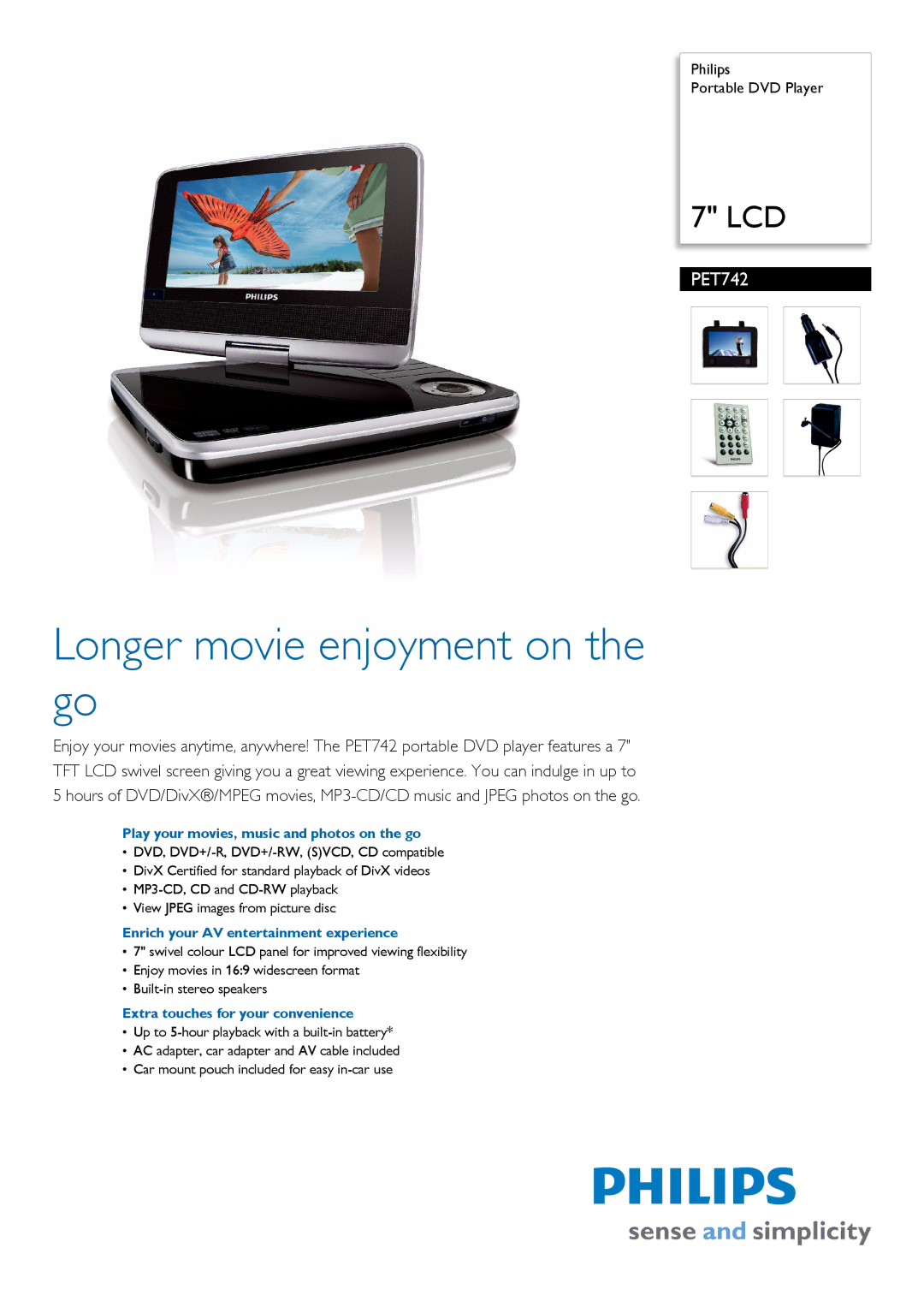 Philips PET742/98 manual Play your movies, music and photos on the go, Enrich your AV entertainment experience 