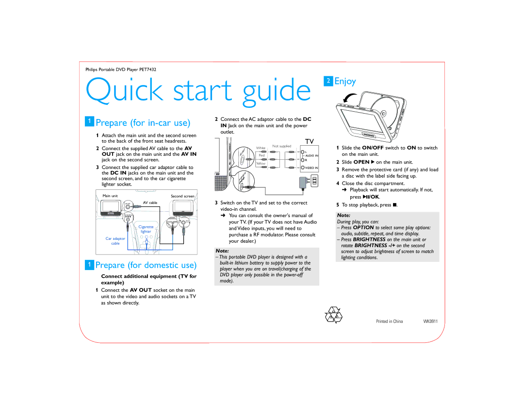 Philips PET7432/05 quick start Quick start guide 2 Enjoy, Prepare for in-car use, Prepare for domestic use 