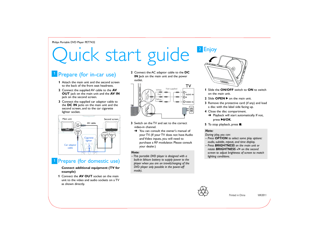 Philips PET7432/12 quick start Quick start guide 2 Enjoy, Prepare for in-car use, Prepare for domestic use 