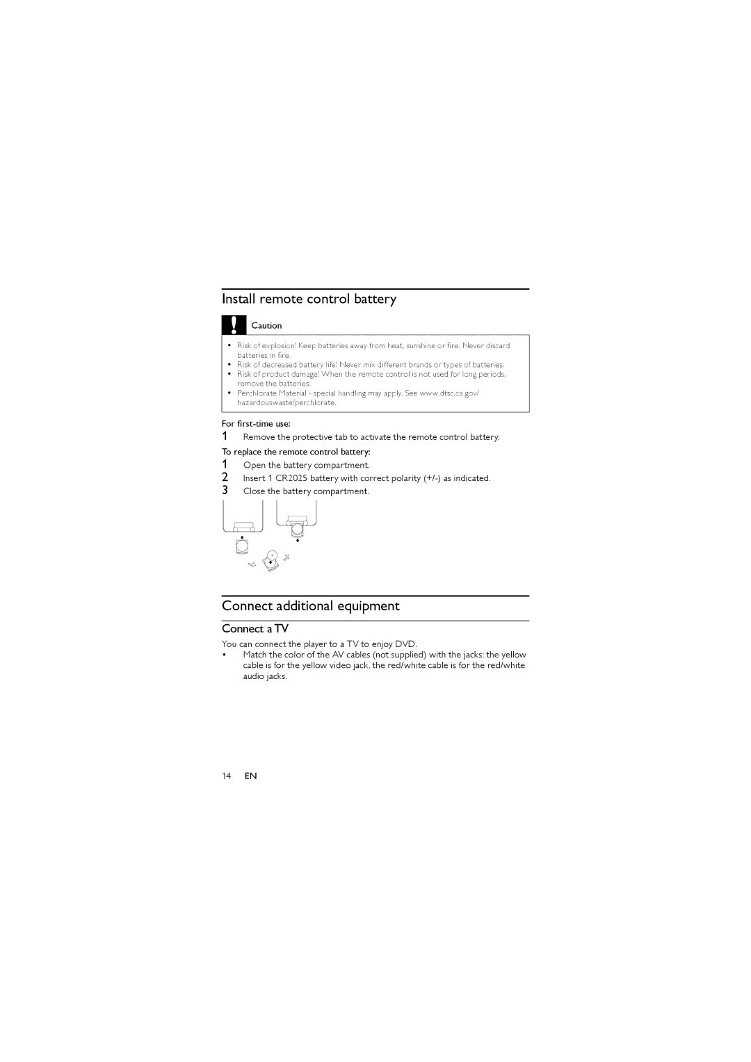 Philips PET744 user manual Install remote control battery, Connect additional equipment, Connect a TV 