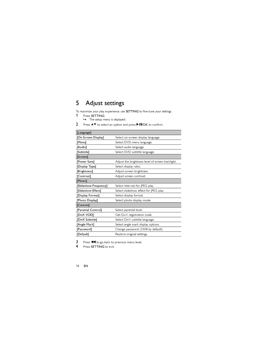 Philips PET744 user manual Adjust settings 