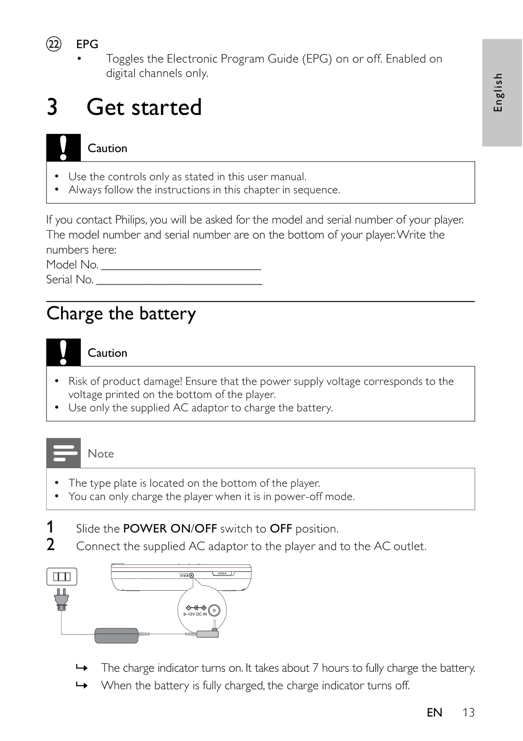 Philips PET745/12 user manual Get started, Charge the battery 