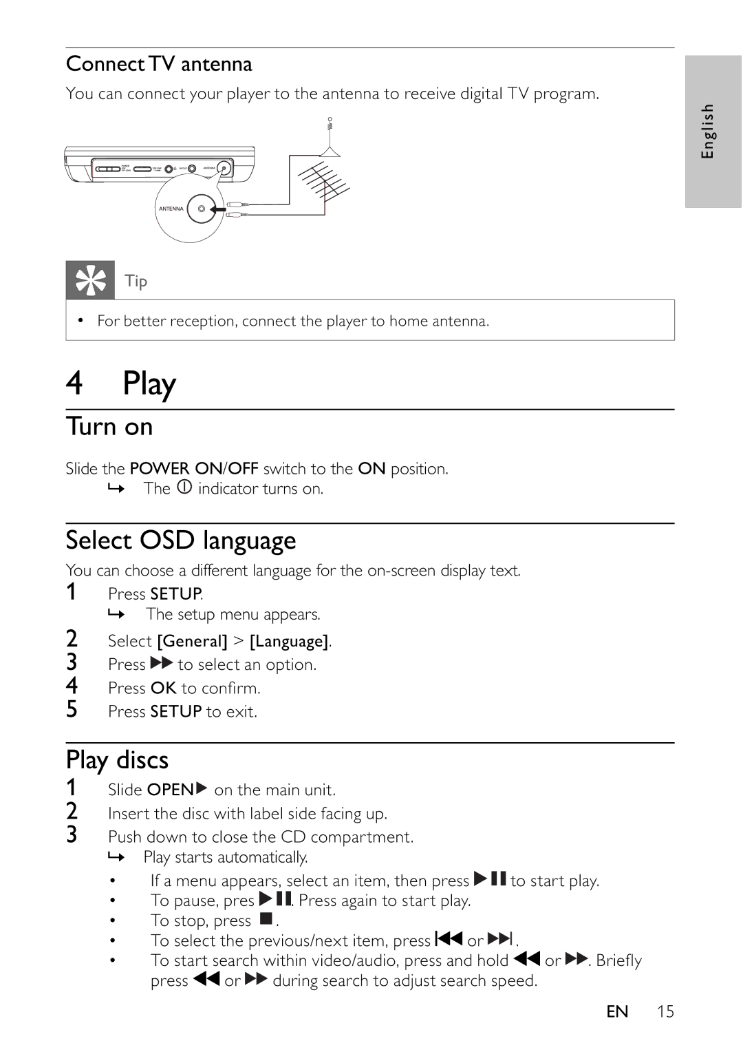 Philips PET745/12 user manual Turn on, Select OSD language, Play discs, Connect TV antenna 