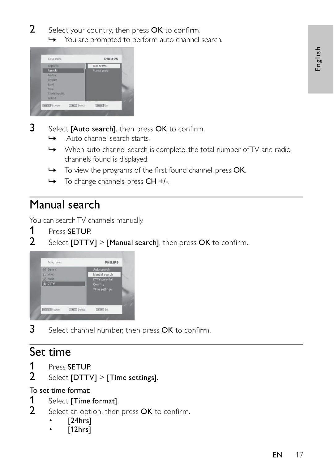 Philips PET745/12 user manual Manual search, Set time 