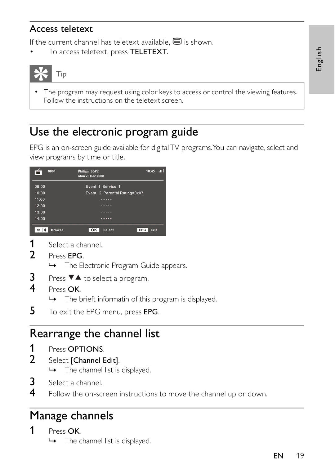 Philips PET745/12 Use the electronic program guide, Rearrange the channel list, Manage channels, Access teletext 