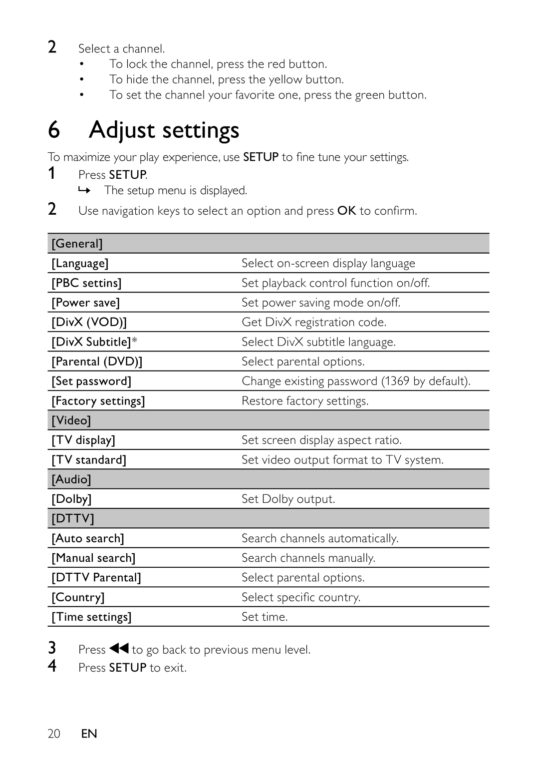 Philips PET745/12 user manual Adjust settings, Dttv 