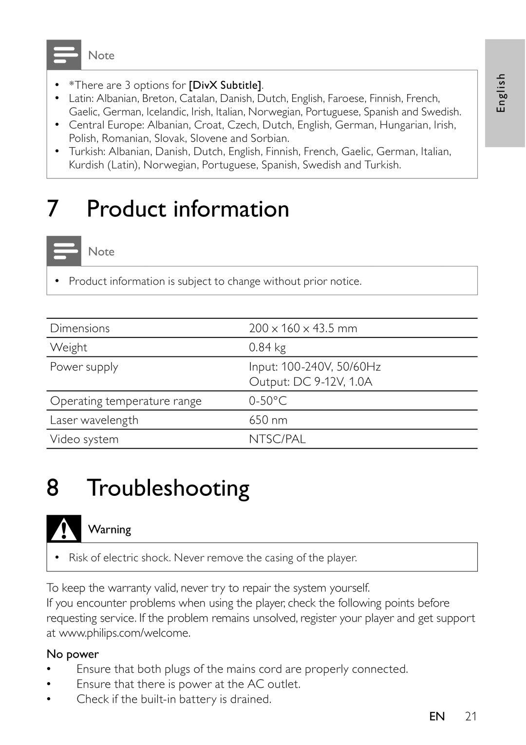 Philips PET745/12 user manual Product information, Troubleshooting 